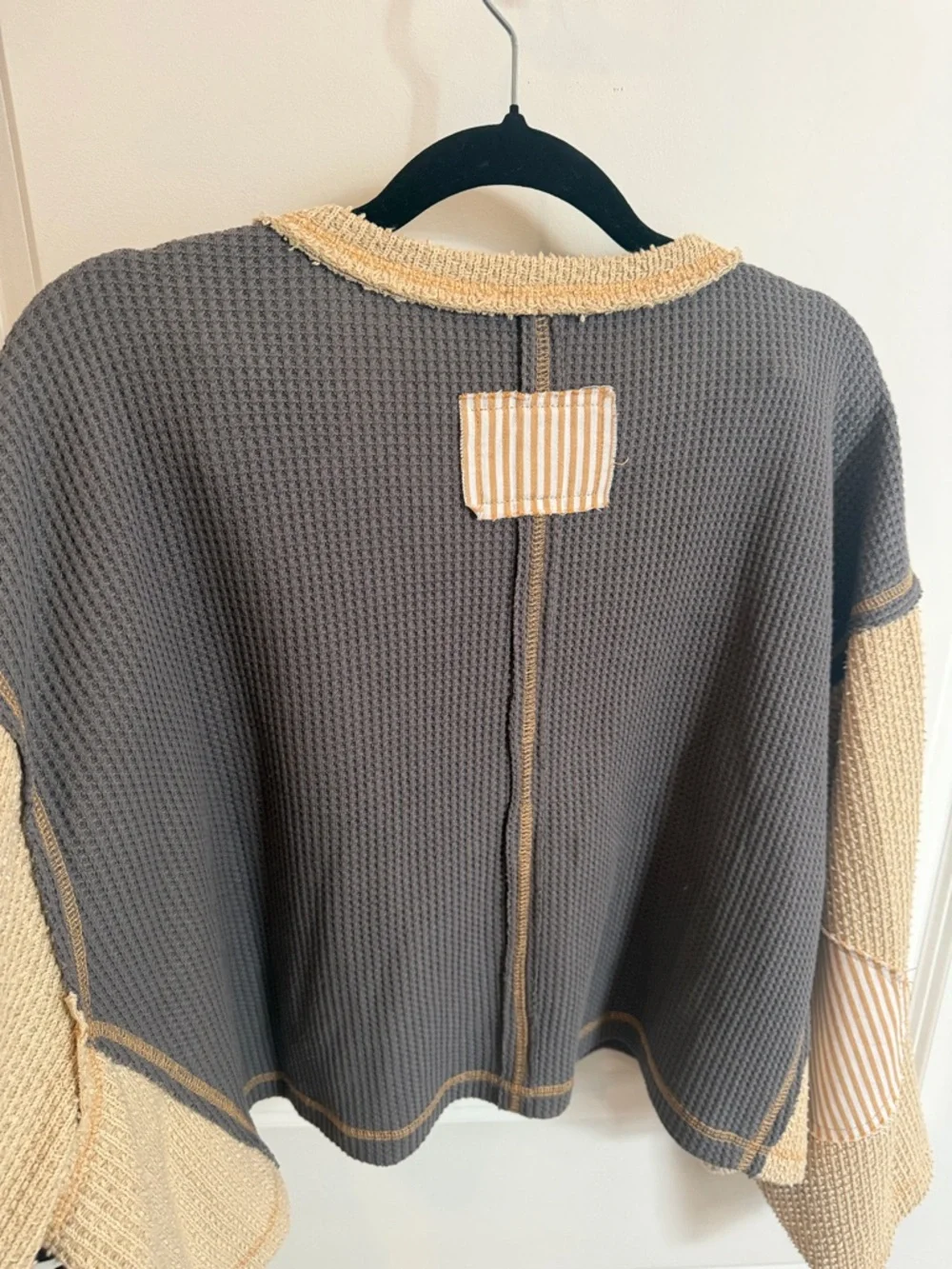 POL Patchwork Waffle-Knit Pullover - Gray & Cream - Picture 10 of 12